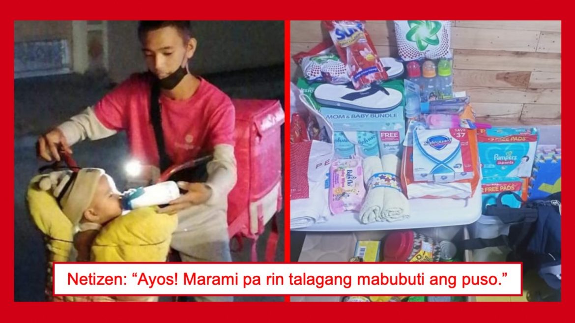 Delivery rider na kasama ang sanggol na anak sa trabaho, dinagsa ng tulong